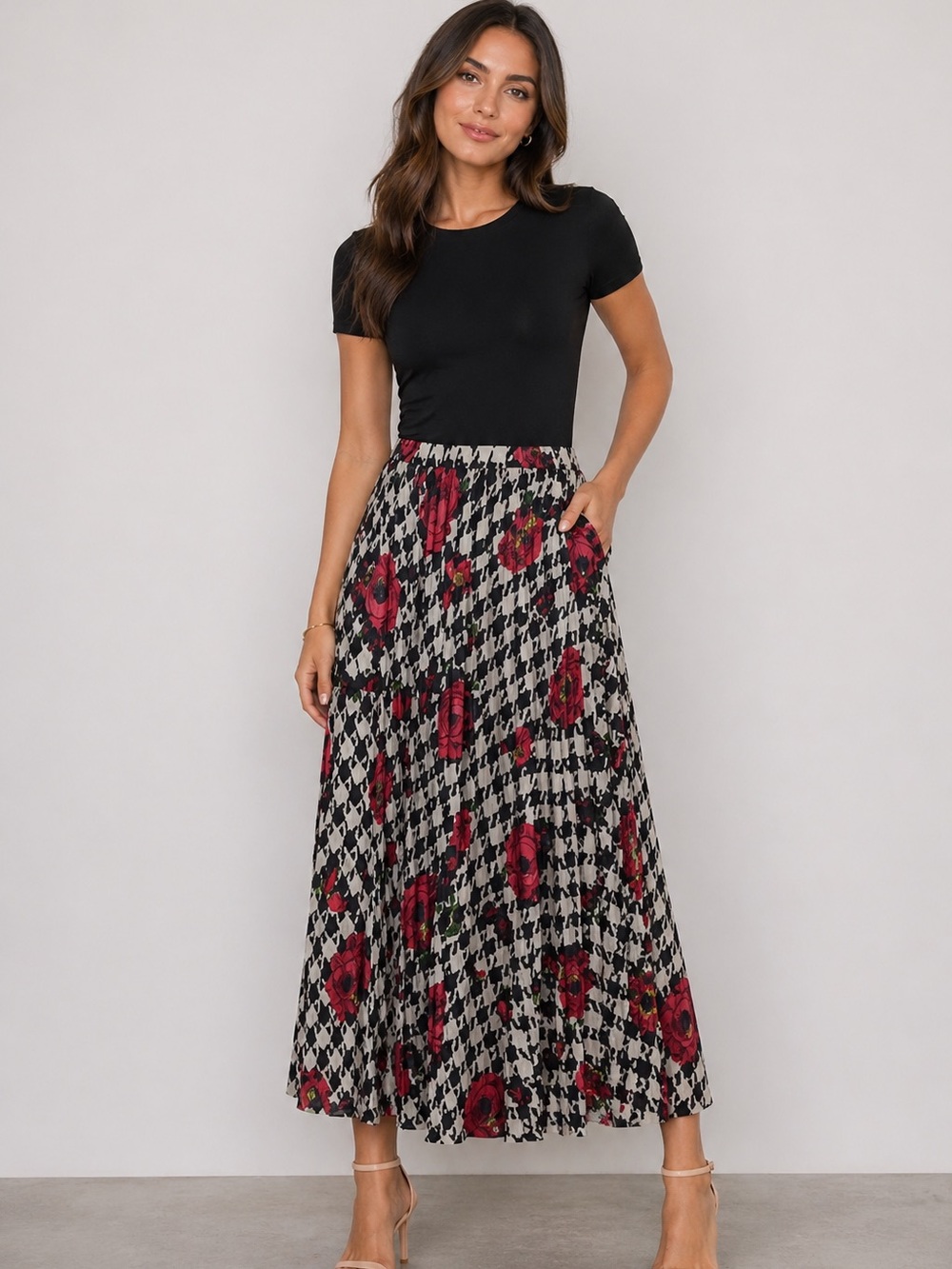Zara Pleated print Midi skirt